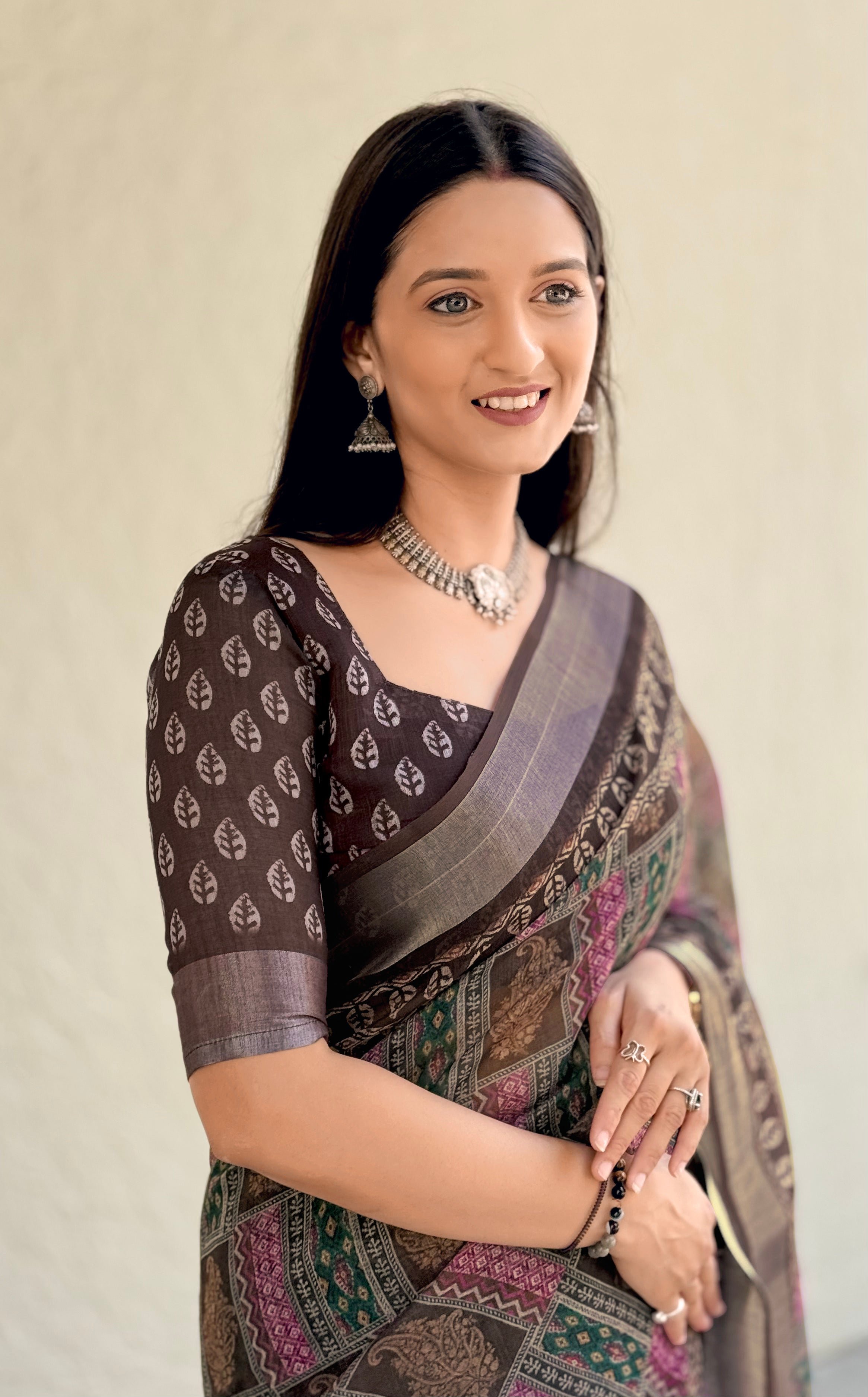 Premium Digital Geometric Print Brown Women Saree